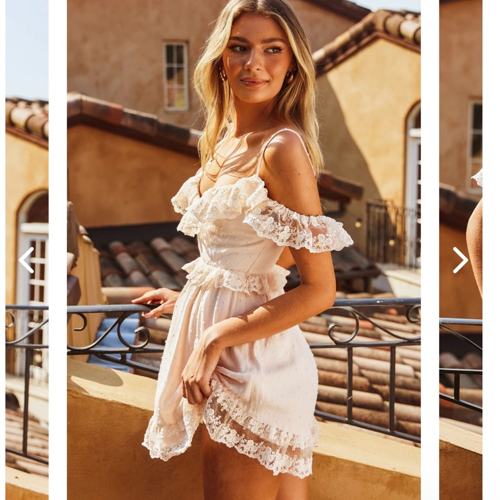 OFF SHOULDER LACE FRILL TRIM MINI DRESS
